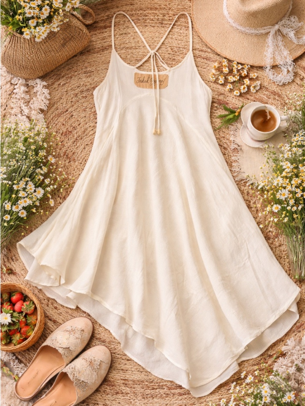 Boho Cream Layered Spaghetti-Strap Summer Dress
